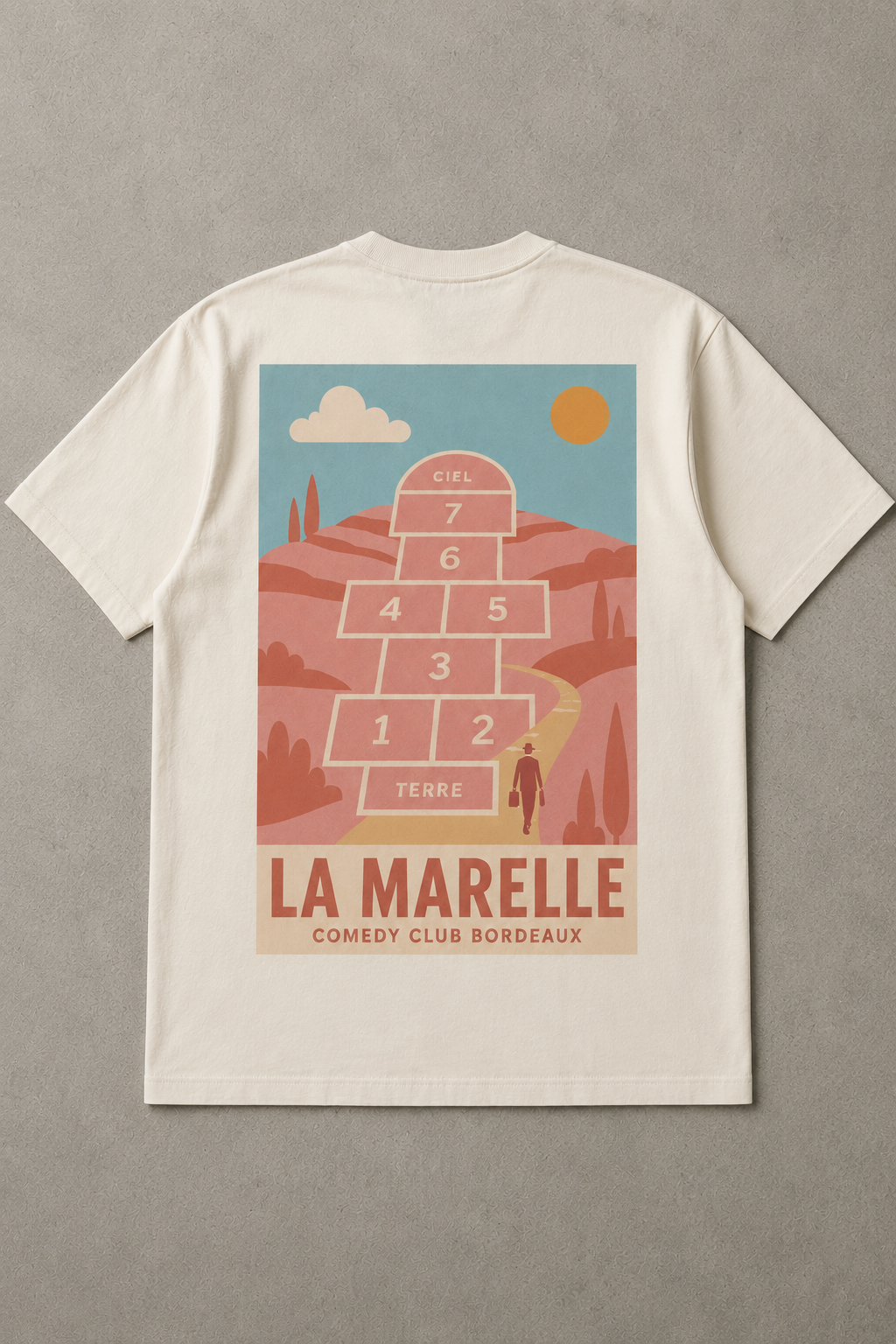 T-shirt oversize blanc De la Terre au Ciel, visuel dos marelle, La Marelle Comedy Club Bordeaux